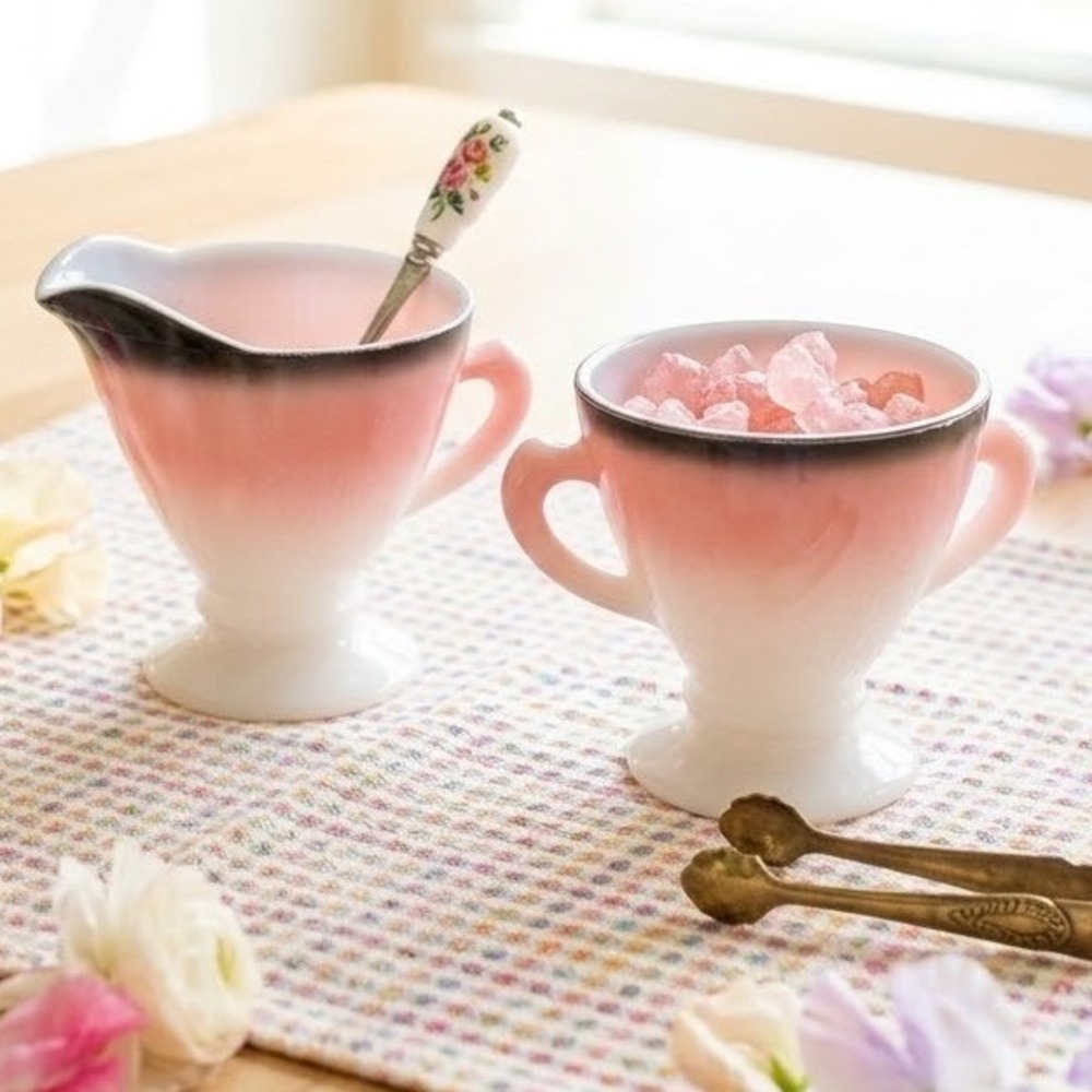 Vintage Hazel Atlas Ovide Pink Black Ombre Milk Glass Creamer Sugar Mid Century
